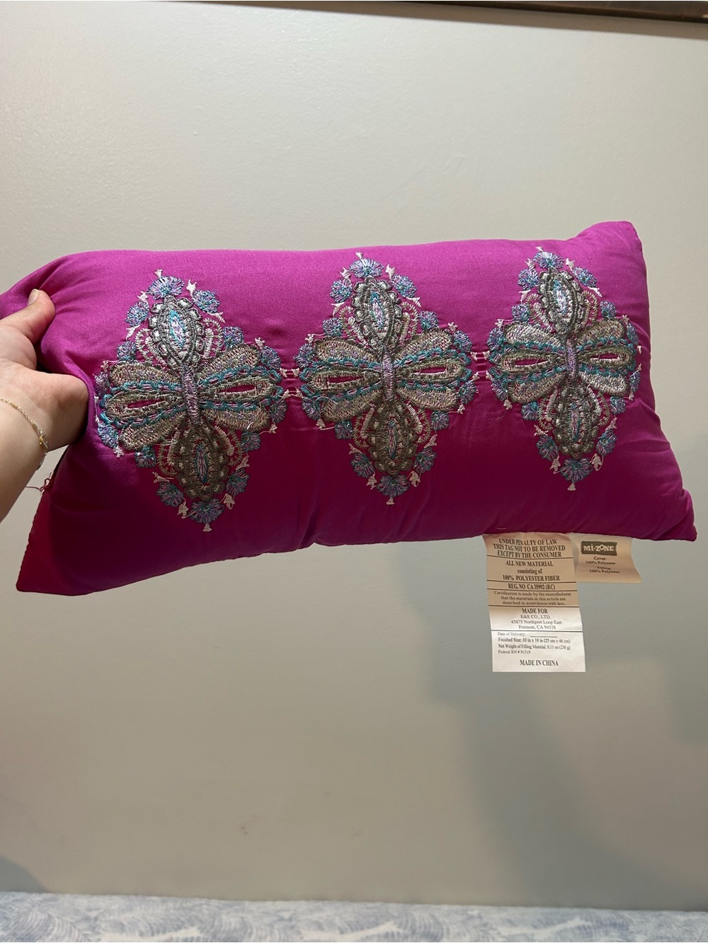 Embroidered Decorative Lumbar Pillow - Magenta